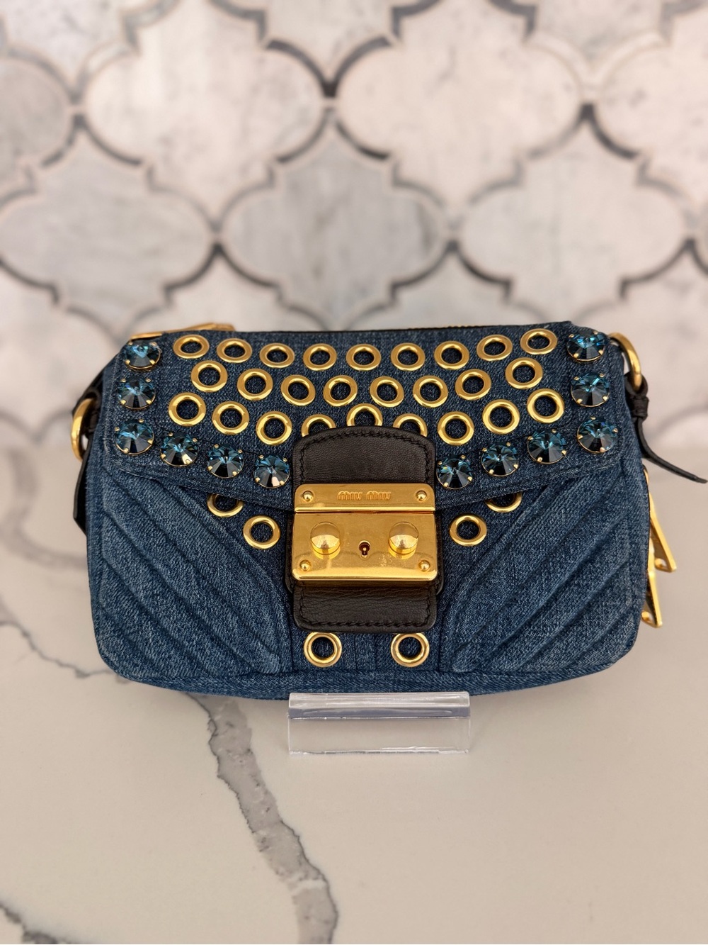 Miu Miu Denim Blue Grommet & Crystal Crossbody with Gold Hardware